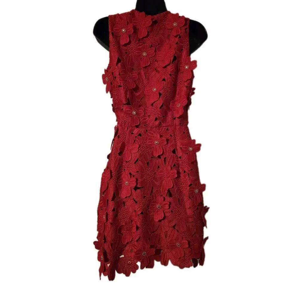 Michael Kors Red Floral Lace V Neck Sleeveless Mini Dress Size 0 NWT